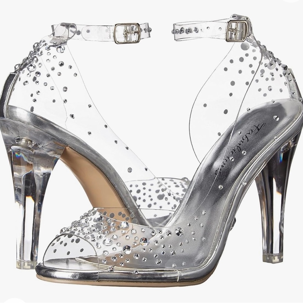 Fabulicious Clear Rhinestone Peeptoe Ankle Strap High Heel Sandals Size 9 EC